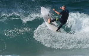 Simon Anderson surfing his Double Ender surfboard at North Narrabeen Beach