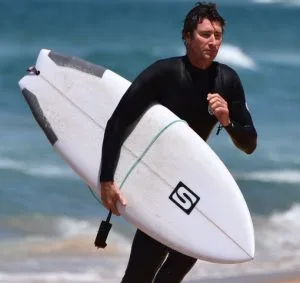 Jeremy Raper with Double Flyer Swallow tail surfboard by Simon Anderson Surfboards.