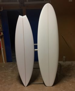 In the shaping bay with Simon's 5Spark Performance Fish and 6'5 21 2 5/8 Round-nose surfboards